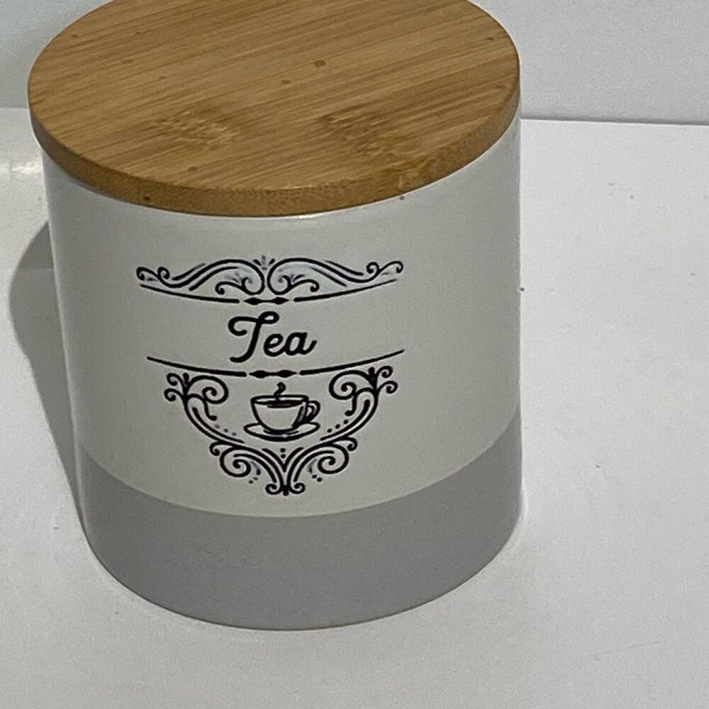 Pfaltzgraff Gray & White Tea Canister with Wooden Bamboo Lid Kitchen Storage